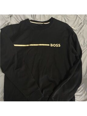 Boss Black Crewneck Sweatshirt with Gold Chest Stripe